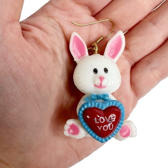 White Easter Bunny I Love You Dangle Pierced Earrings - Picture 3 of 14